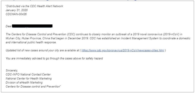 Example of a fraudulent email, appearing to be from the CDC